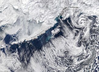 Alaska’s Winter Finale: A Satellite View of Polar Storms and Swirling Clouds
